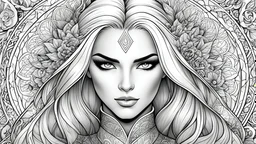 winter, (Emma Frost:1.1), up close face, black and white, (center), hand drawn, cartoon coloring page, easy to color, clean line art, mandala, high detailed, no background, mandala, white, black, coloring book, sketchbook, realistic sketch, free lines, on paper, character sheet, 8k