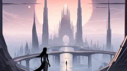 skinny sci-fi girl with long dark hair on an alien planet with tall spires, buildings, bridges, and arches