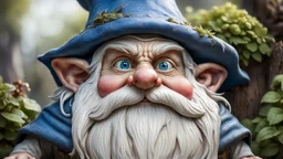 A close up view of an old gnome showing detailed wrinkles ,largish nose , full round cheeks, nice welcoming blue eyes, old scraggly long white beard with largish pointed ears , wearing a big old pointed hat just covering the tops of his ears dressed in an old long cloak to match his hat , standing with a few bushes around him but only his upper torso in the picture with a misty forest background behind with the trees barely visible.