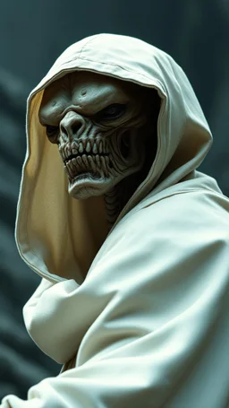 The creature from the the movie Prometheus with white hooded clothes looking behind