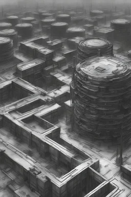 4k image, extreme perspective birds eye view, grey scale rough sketch of a hive city, dystopian setting