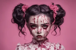 full color, illustration of a darkred and pink tones, menacing, Singer Melanie Martinez face, as a decayed, broken, skin turned translucent, black veins that extended like roots beneath her skin, latex suit, crude homemade cloth doll toy, with a narrow cracked porcelain face, thick dark eyebrows, hair in two gradually, made from ragged strips of cloth, in the style of Alex Pardee, Tim Burton, and Nadya Sheremet