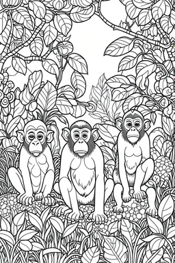 Outline art, no shading, monkeys full body in the garden, cartoon style, black and white, low detail, --ar 9:11