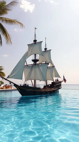 A sailing pirates ship in side floating in a swimming pool