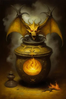 Living cauldron with yellow sigil, slightly demonic bat in it, prize winning oil painting