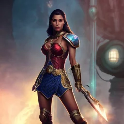 Full body, fantasy setting, heroic fantasy, woman, dark skin, Indian, 20 years old, half-hawk haircut, magician, warrior, hourglass body shape, bicolor hair, muscular, cinematic