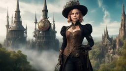 full-height photo of christina Ricci in a steam punk outfit in a fantasy world with spires and trees