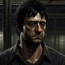 The large and furious black haired factoryworker "Big K" grimdark realistic