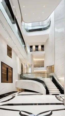 A large conference lobby in a modern style, with the marble floor falling one step. At the front, a grand staircase with a white carpet and glass balustrade leads to the second floor. There are two doors along the back wall of the first floor.