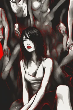 Image of a woman sitting alone, surrounded by shadowy figures whispering in her ear, suggesting the influence of manipulation and dark psychology on individual perceptions of attractiveness Give it a very dark frightening vibe. Use black and red theme.