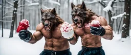 photo shoot of self aware werewolf boxing with ice cream and snow