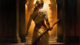 Realistic oil painting of a woman's backside, accentuated by the glow of an aureole behind her, holding an axe in one hand and standing in front of the ancient city of Babylon. Inspired by the works of John Singer Sargent and Albrecht Dürer, this highly detailed piece captures both sensuality and power. The use of warm colors and soft lighting adds to the realism and depth in this portrait. A true masterpiece for any art collector or enthu