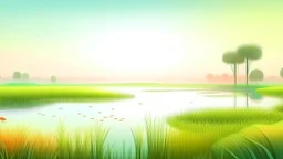 plain blank A tranquil wetland ecosystem featuring lush, vibrant vegetation thriving at the boundary between land and water, with diverse flora and fauna interacting in a delicate balance., split gradient colors background, Golden-hour lighting white mockup object