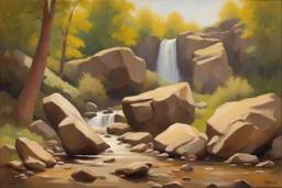 Sunny day, rocks, waterfalls, rocky land, mountains, friedrich eckenfelder and geores lemmen impressionism paintings