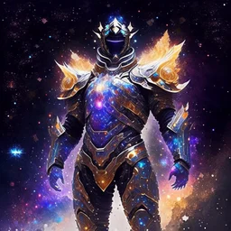 A battle suit made of galaxies and stars with a glove that has seven endless stones Battle armor from the extract of galaxies Battle armor from the extract of galaxies with a fiery sword ,God-like man with infinite power who owns the galaxies and wears a beautiful crown