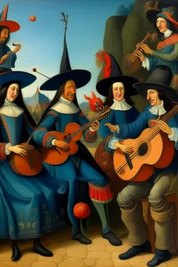 Bosch painting style , mariachi band of four musicians One play the trumpet and three plays the acoustic guitar wearing a maxsican hats and a girl dancing