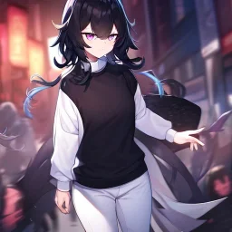 Clear focus, High resolution, short black fluffy hair, purple eyes, long spiky locks, wearing a black sweater with a white collar, long sleeved shirt, wearing white shorts, angry