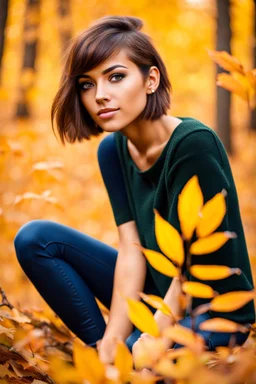 portrait pint of color photo of a student girl 22 years old ,short hair walking in trees ,autumn enviroment