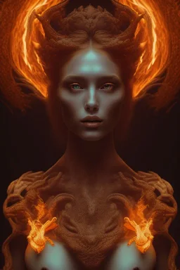 portrait photography of an ethereal beautiful animal goddess, Fire theme art, Dark moody night atmosphere, Portrait of a man by Michelangelo, 8K, close-up face, anatomically perfect face, oak tree roots, ignore NSFW