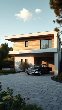 Modern villa 250m2 business class in Spain. House with a flat roof, two-story. Vintage car 80's under a canopy. in the foreground paved driveway dark shade. Competitive development project in the style of architect Tadao Ando. Polished concrete and wood facade. dynamic horizontal composition. Small windows. Dark frame of windows. Midday, clear sky, small clouds in the sky. gloomy vegetation, lush decorative vegetation, wildflowers. Archdaily style shot. Photorealistic. Cozy, elegant