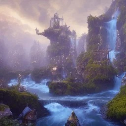 New Land by Einstein with waterfalls, 3d, high detail, symbols, 4k, ray traing, render, future punk, steam punk, magic in blue colors, orcs fighting