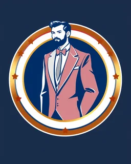 A circular logo with a vector of a groom in a formal suit at the top of the logo in a blue, red, white, gold, and silver color theme.