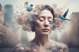 Double exposure, 45 year old woman with closed eyes, large false eyelashes, Flowers, Double exposure, intricate details, city, single bird
