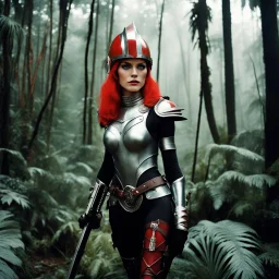 [Valkyrie by Helmut newton: humid jungle forest] thin rainbow barbarella alien warrior tattooed with light helmet and red rubis for eyes leather boots and agent provocateur vivid mithril armour she is supercharged with heavy weapon Zweihänder (Retrofuturism: Where Yesterday’s Tomorrow Still Shines on the foggy battlefield) ready with no inhibitions