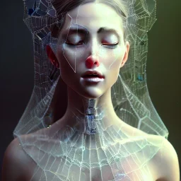 beautiful woman with spiderwebs on face, asleep on bed, eyes closed, 8k, high-quality, fine-detail, intricate, sharp, crisp, digital art, detailed matte, illustration, octane render, brian froud, howard lyon, Anne Dittman, Anne Stokes, Lisa Parker, Selina French