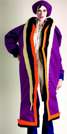 Caucasian white woman black hair. average body type. Mantle is sewed of recycled Denim and sewed together of camouflage pieces. Patterns are composed of orange, cream, blue, lilac and purple. blue latex gaiters. It is with big bright purple felt tippet and cream-colored-hood. mantle is merged with tippet. Big AKG-style headphones (gold rings!) is merged with small felt cap with small visor. Style: Haute Couture, 1920's, Paris fashion, late nineties, street art.