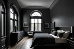 arched ceiling dark grey bedroom in the minimalistic townhouse with two windows