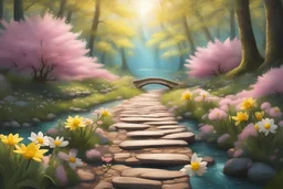 in a forest where the trees have pink flowers, cherry trees, there is a path of small golden stones, on the sides of yellow daffodils and white daisies, and peonies in the foreground , and in the distance a small wooden bridge and a turquoise river. There are a few pink flower petals on the way Rays of sunlight light up the forest, there are fireflies everywhere. Very magical and delicate atmosphere. HD .Intense colors. Realistic picture. HD 8k