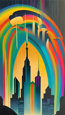 Painting style of erte rainbow in rain skyline