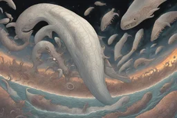 View into an event horizon in space with many enormous strange tentacled whale-like creatures with many huge faceted eyes and mouths, flying around