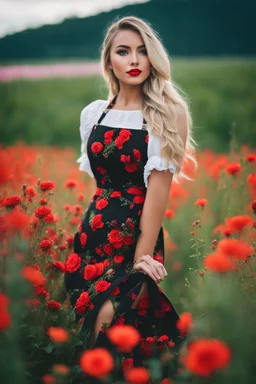 Beautiful russian girl, blonde hair, bold lipstick, wild color full flower field, braided bangs, braided bobcut, solo, apron,thick thighs, side-tie panties, black hair, 18yo,(on back:1.2) ,red dress, portrait