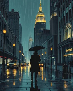 An atmospheric, noir-style illustration of a rainy cityscape at night, featuring glowing streetlights reflecting off the wet pavement, towering Art Deco skyscrapers, and a mysterious figure holding an umbrella, evoking a sense of intrigue and timelessness.thin line draw