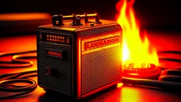 4k full detail, realistic, émission radio hardrock ac dc firestarter terminator flammes en fond