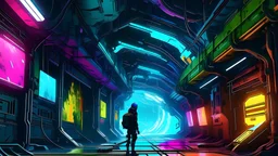 !dream arriving on a derelict space station, ominous, epic, wonderfully colorful, illustration, ink lines, accurate, weird, neon ink, clean, minimal, 8k, octane render