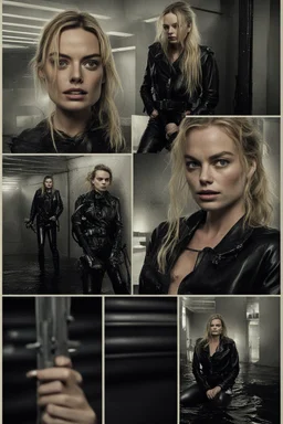 Margot Robbie and Georgia Henshaw tied up back-to-back in black leather, trapped in a flooding chamber.