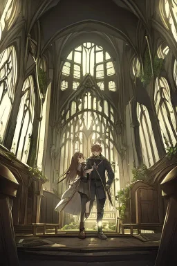 Brown haired anime boy in an abandoned church