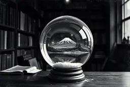 fotographie by Michael Ackerman. light box. landscape background and glass refraction effect, very old bookstore, dark light, masterpiece, landscape background. in a glass globe, Black and white. Mount Fuji in a glass globe floating on a woodland lake, snow, christmas mood, textures, aged, picture grain, scratch picture