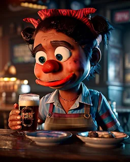 Pub scene, hybrid character, waitress sexy British woman with monster muppet mask that covers her entire head, Sesame Street style, retro style, short shirt, tray, beer, old school tattoo, hot, smooth, unreal engine 5, god lights, ray tracing, RTX, lumen lighting, ultra detail, volumetric lighting, 3d.