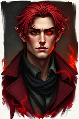 Make a man in his mid 20's with a lithe build, give him reddish-pink skin and dark red hair. Make his eyes black, with a red glow like coal. Make his ears slightly pointed and dress him like a thief. Make him incredibly handsome and charismatic. Add fire to his eyes and hair.