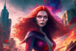 Wanda Maximoff, mulher, jovem, cabelos ruivos, olhos vermelhos, corpo inteiro, fundo cidade destruída, cores brilhantes, de lado destruindo algo com sua magia vermelha, traje da feiticeira escarlate, dramatico, 4k render, imagem cinematográfica. Cores frias, magia em suas mãos, magia vermelha claro