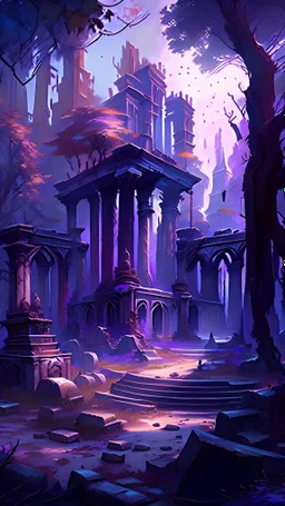 An ancient abandoned city square in a forest that has grown over the city over the centuries in high fantasy style that gives off a cozy vibe, only blueish and reddish/purple hue