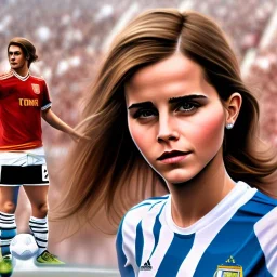 Emma watson in an Argentina soccer jersey watching a soccer match at Wembley Stadium