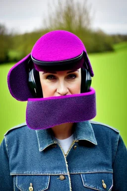 Fresh woman, no make-up, plum-blue-magenta-camouflage jacket. Old-fashioned things like CD's, microphone integrated to mask! Wool/leather visor to tippet, AKG headphones, golden rings. materials are denim, leather and felt cloth mixed. Fashion 1990's. Venue is a small old farm in the middle of the nature, Chicken and cockatoo, Natural Light. Possible colors: Cream white, zinc plate, red ochre, ochre. Thick tights. Thick calves. wide hip