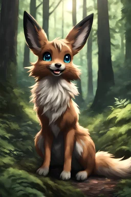 Very Female Anthro eevee in the forest. Realistic light. Realistic fur. Human eyes. Laughing