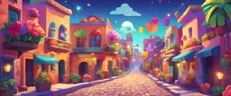 Background: colorful Mexican city street, sunny summer day, party, cobblestone, 3D vector cartoon asset, mobile game cartoon stylized, clean Details: colorful flowers, lights, nighttime party, detailed. Camera: side angle, 90°, 35 mm. Lighting: colorful sky, LED lights. cartoon style