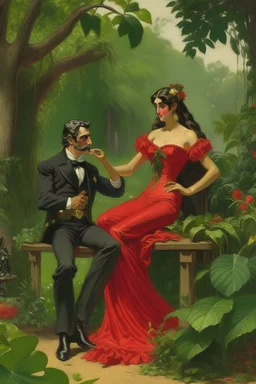 Carmen the flamenco dancer tempts adam with a cigarette in the garden of Eden